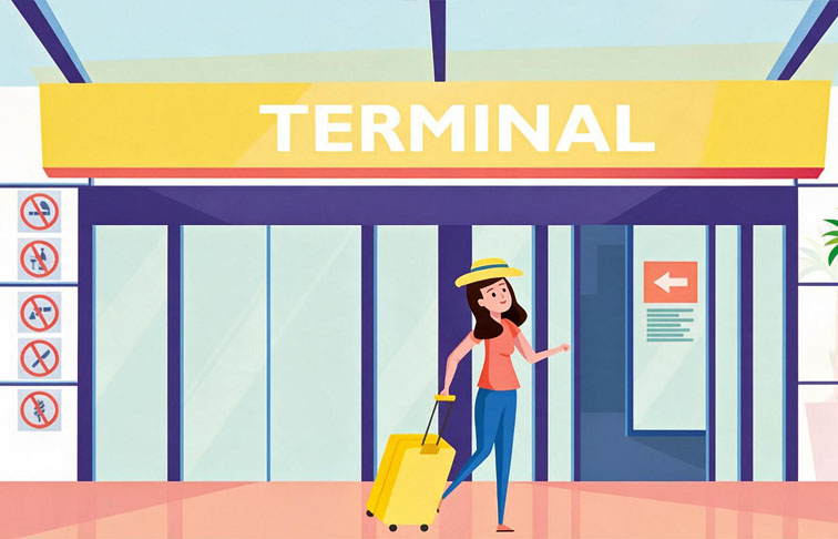 turista en la puerta de la terminal